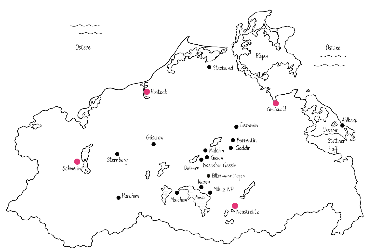 Handgezeichnete Karte von Mecklenburg-Vorpommern mit eingezeichneten Orten wie Rostock, Schwerin, Greifswald und der Müritz