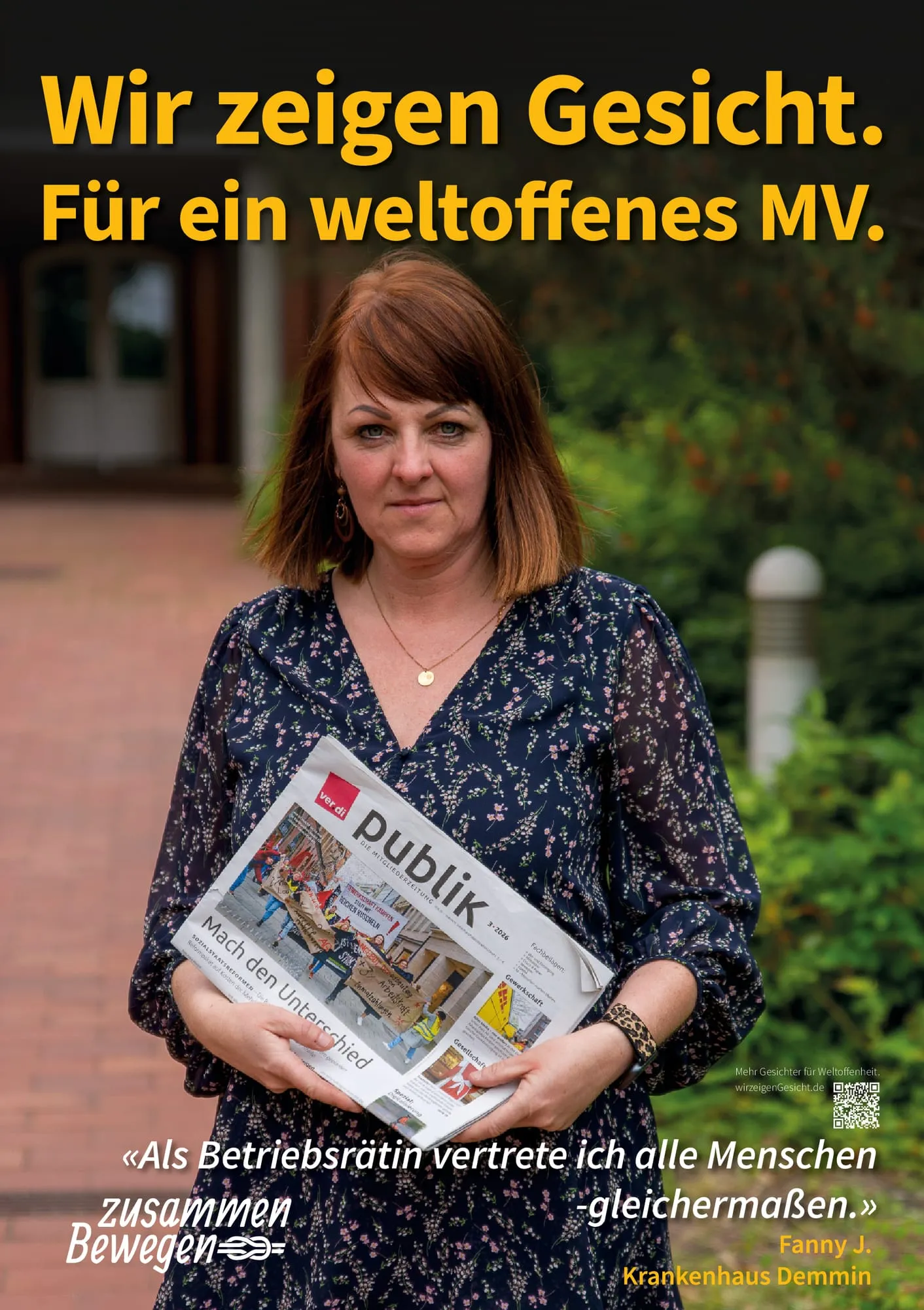 Plakat: «Als Betriebsrätin vertrete ich alle Menschen gleichermaßen.» — Demmin