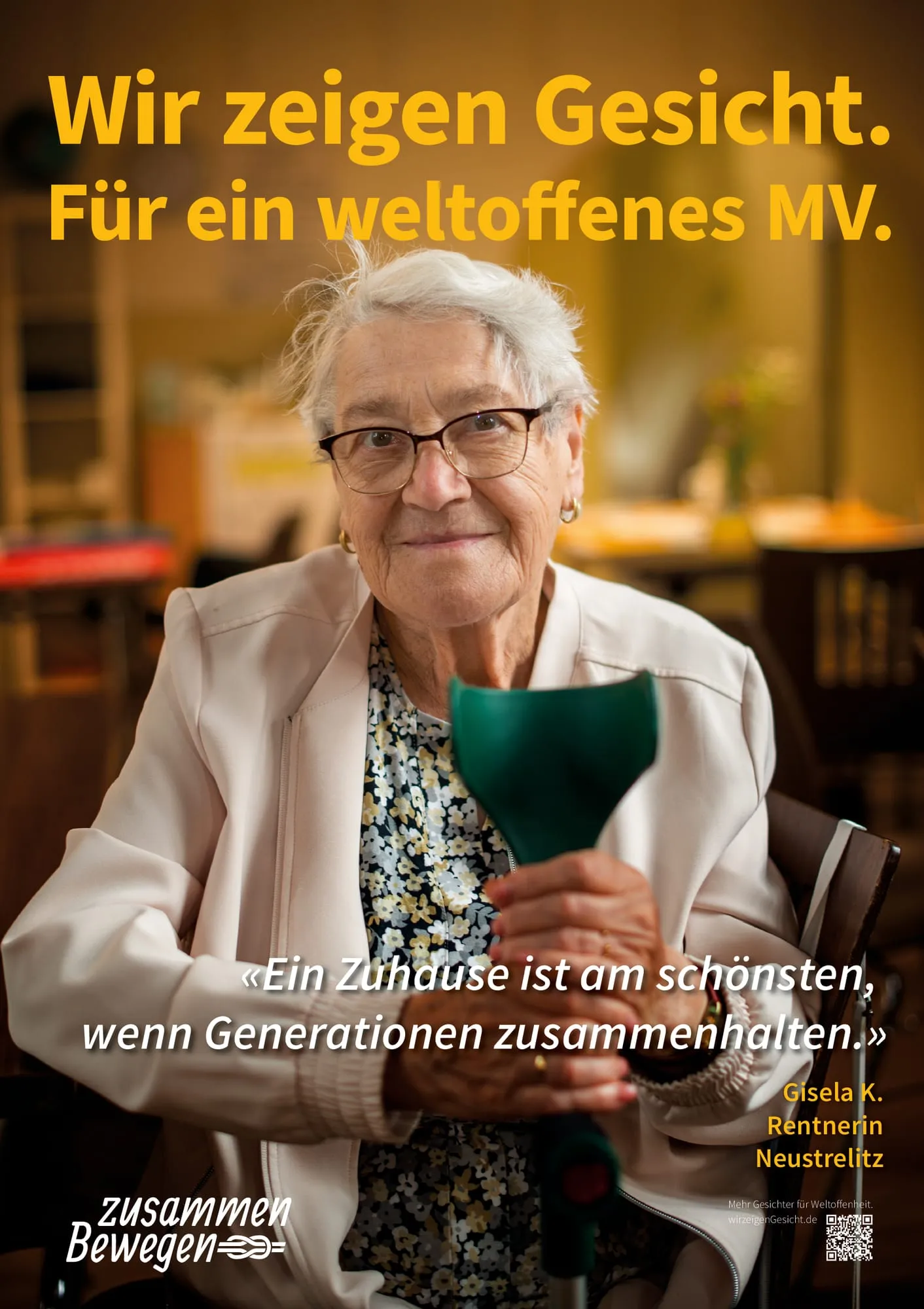 Plakat: «Ein Zuhause ist am schönsten, wenn Generationen zusammenhalten.» — Neustrelitz