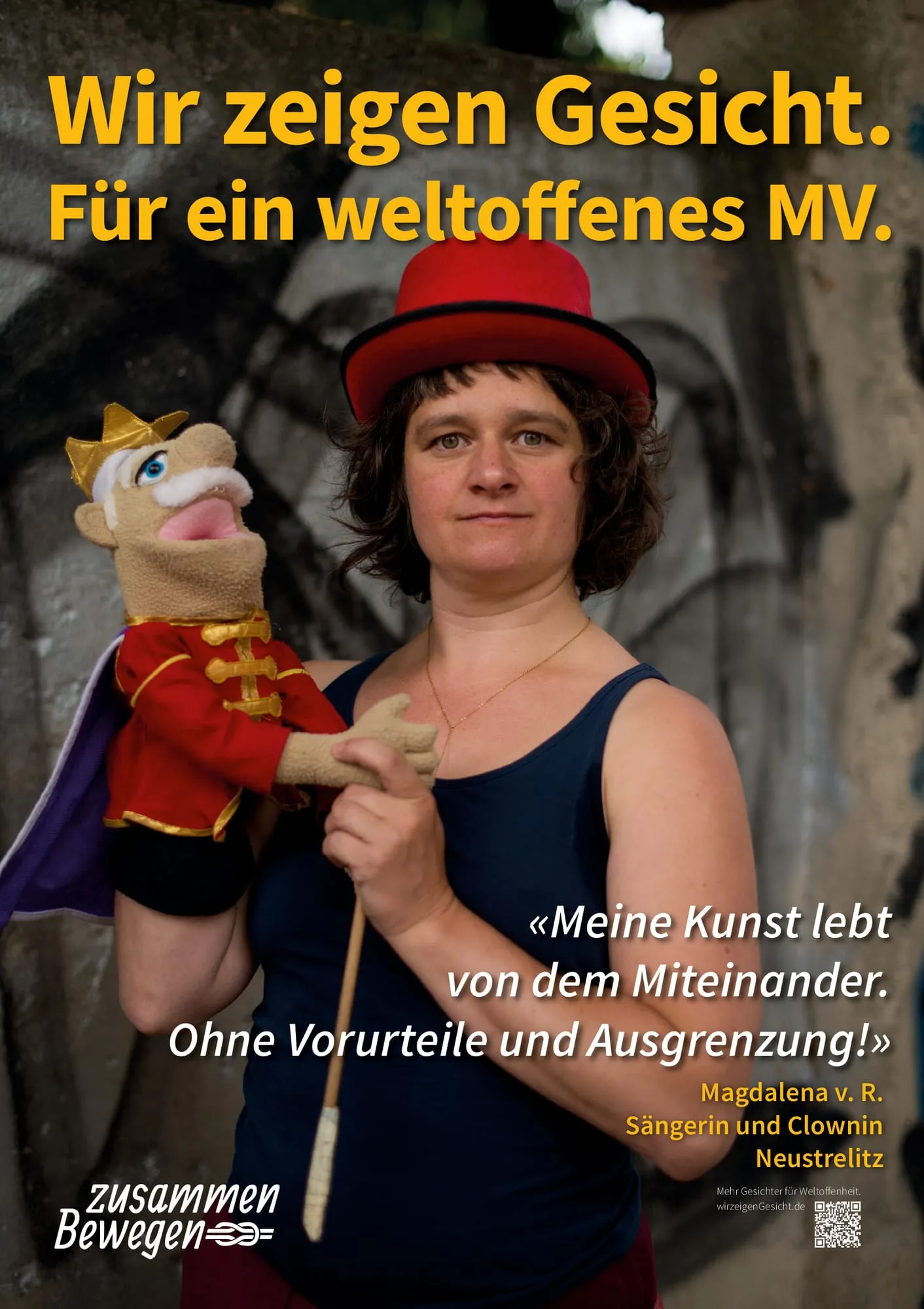 Plakat: «Meine Kunst lebt von dem Miteinander. Ohne Vorurteile und Ausgrenzung!» — Neustrelitz